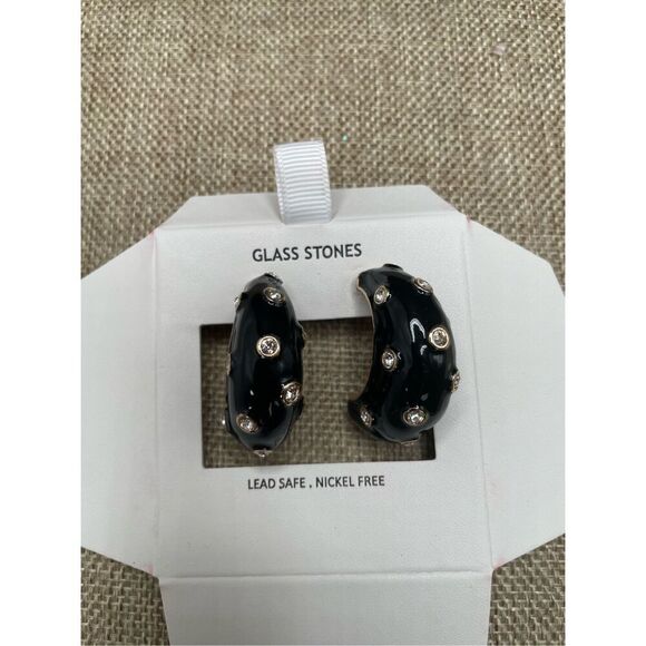 House of Harlow Black Enamel & White Crystal Polka Dot Puffy Hoop 1.5” Earrings - Picture 2 of 8
